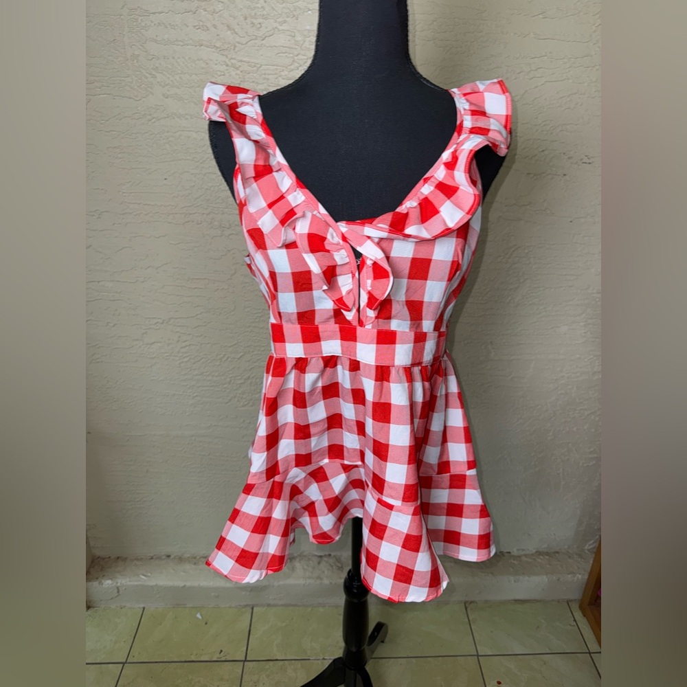 BiBi Red Gingham Ruffle Peplum Top M Cottagecore Picnic Coquette Blouse - Picture 3 of 9